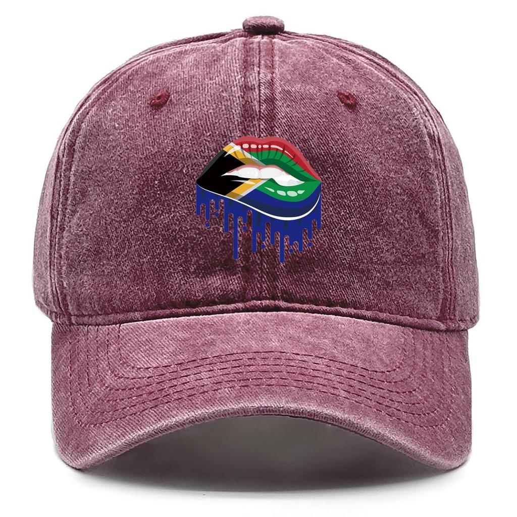 South Africa Flag Lip Print Snapback Sun Hat, Patriotic Flat Cap Hip Hop Leisure Sporting Retro Adjustable Baseball Hat