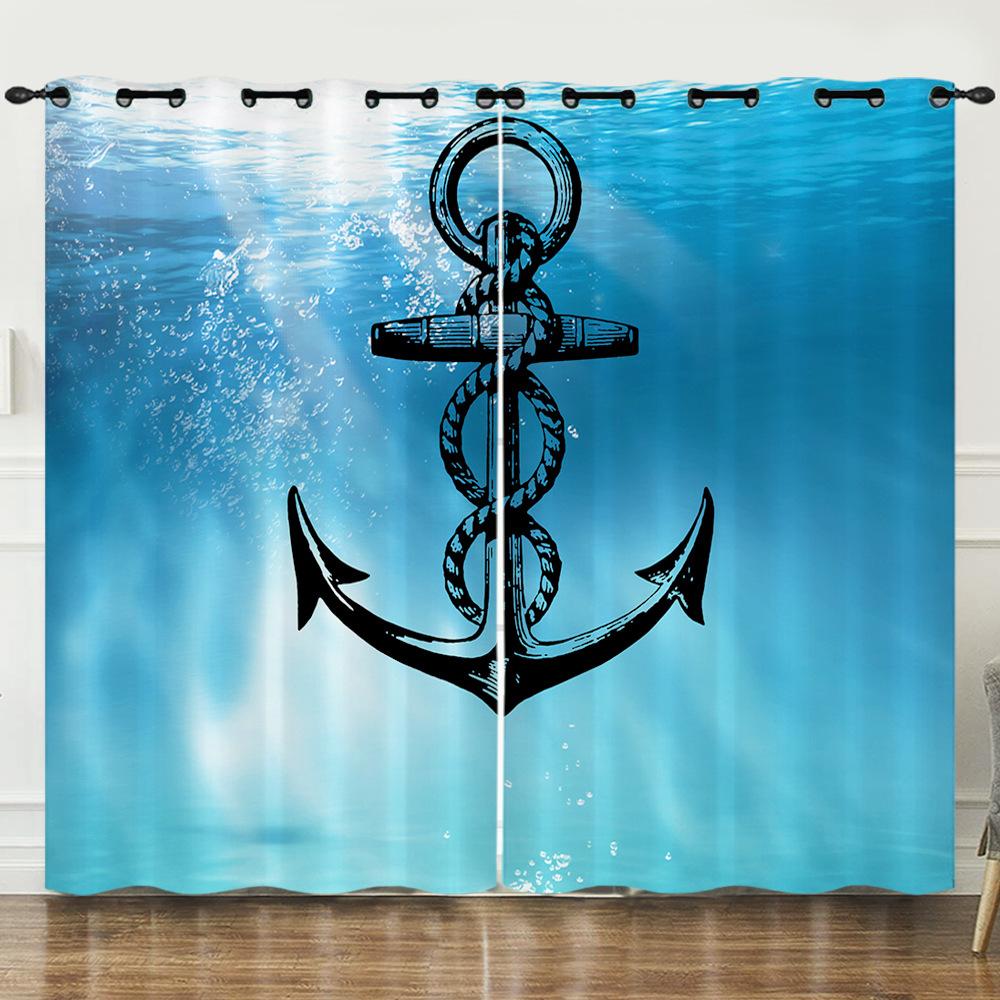 Curtains Nautical Anchor 3D Digital Printing Blinds Blackout Punching Can Be