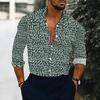 Men Collared Shirt Dark Blue Light Leaf Floral Silhouette Print Long Sleeve Button Down Top