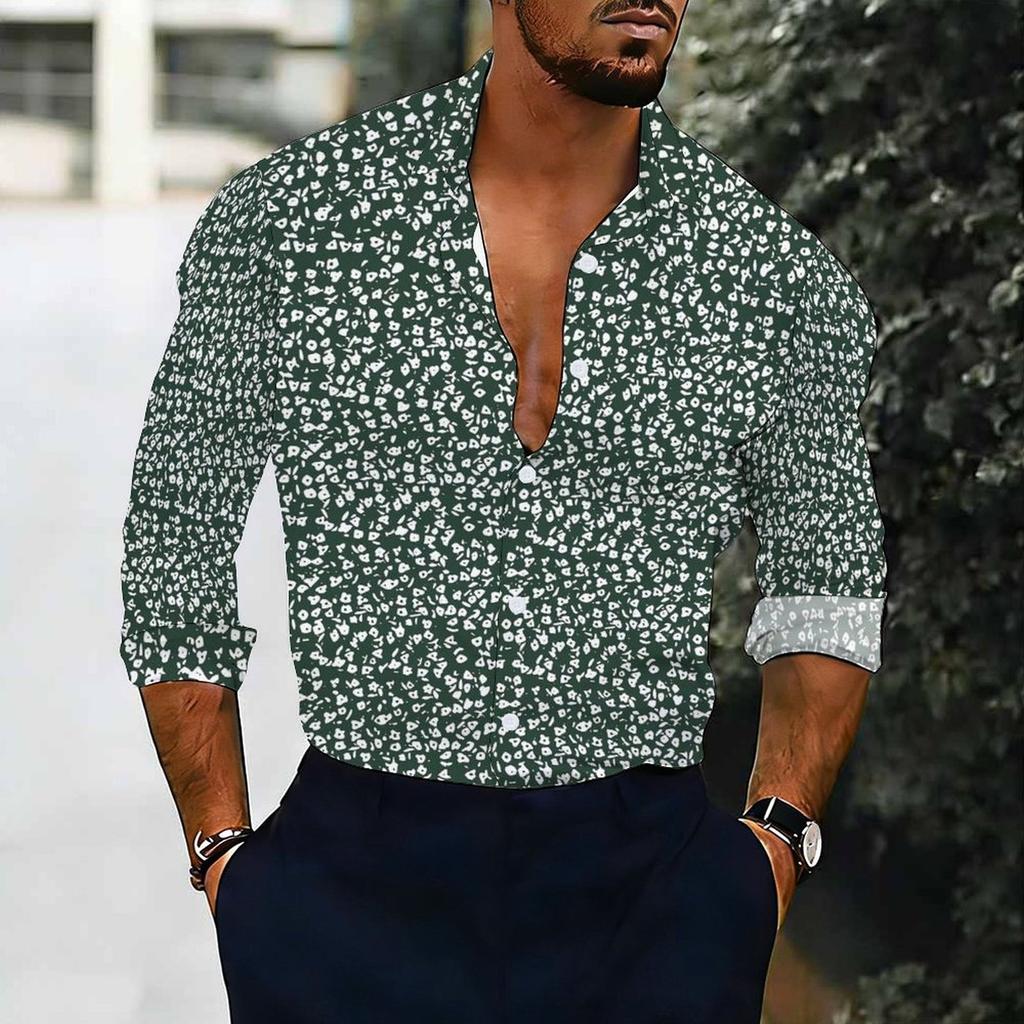 Men Collared Shirt Dark Blue Light Leaf Floral Silhouette Print Long Sleeve Button Down Top
