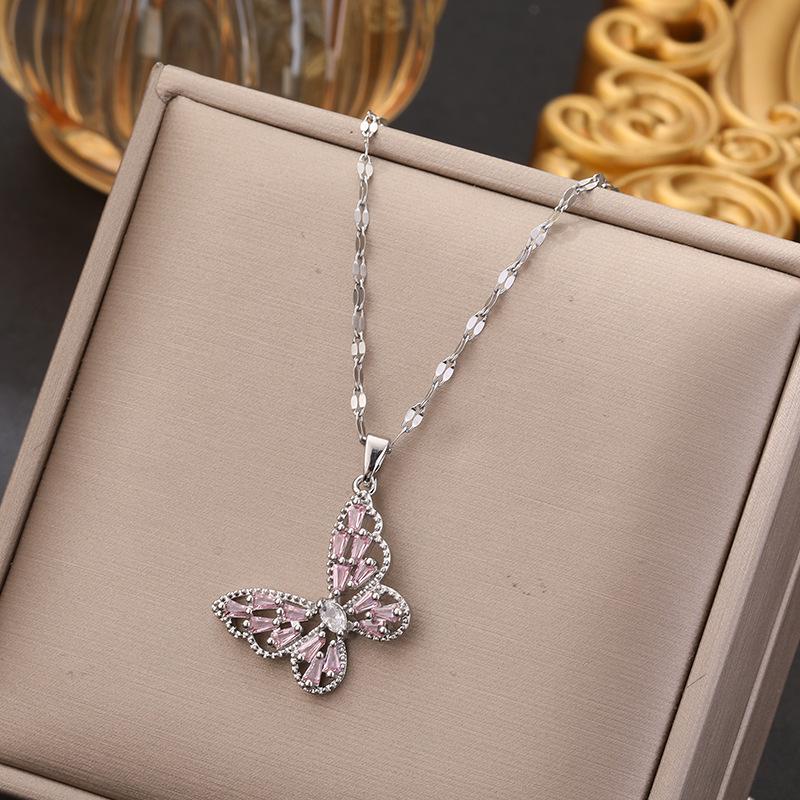 Korean Butterfly Tassel Luxury Diamond Titanium Steel Necklace - Women's Versatile Clavicle Jewelry