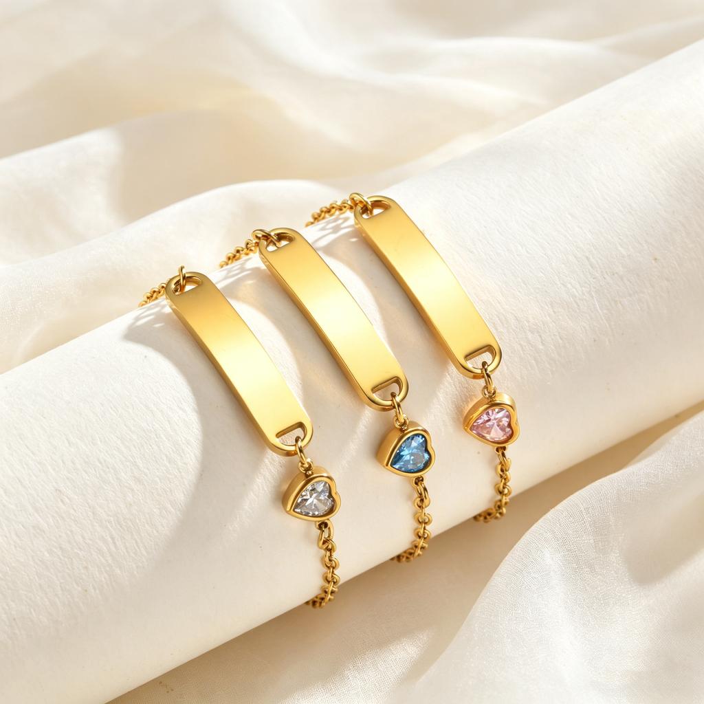 Customized Child ID Bracelet, Personalized Engraved Name Stainless Steel Zircon Heart Bracelets, Not Allergic Jewelry for Girl