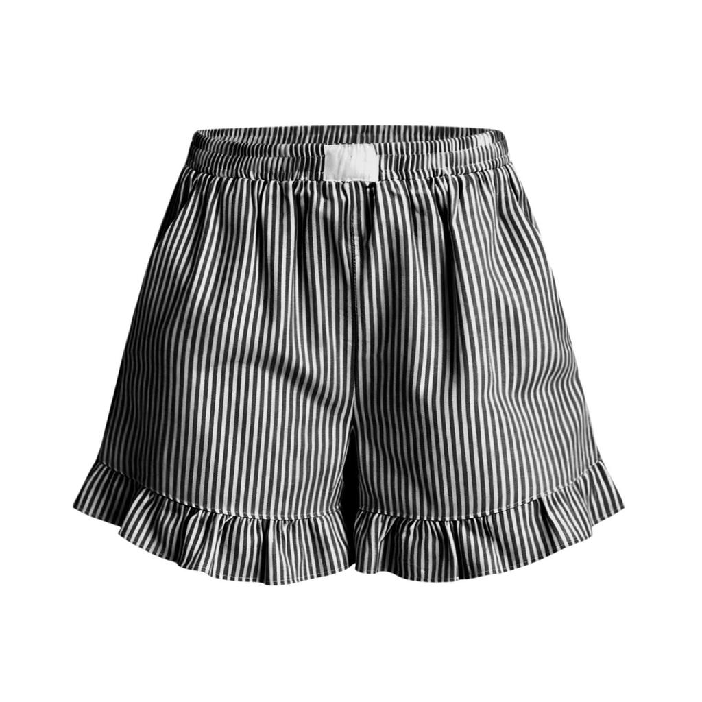 Women's Elastic Waist Striped Shorts with Ruffle Hem Lightweight Relaxed Fit Comfortable Lounge Bottoms