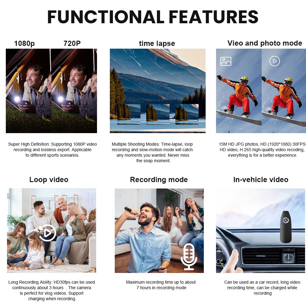 1080P Full HD Cycling Video Recorder with Back Clip Portable Law Enforcement Recorder Motion Activate Loop Recording Camera