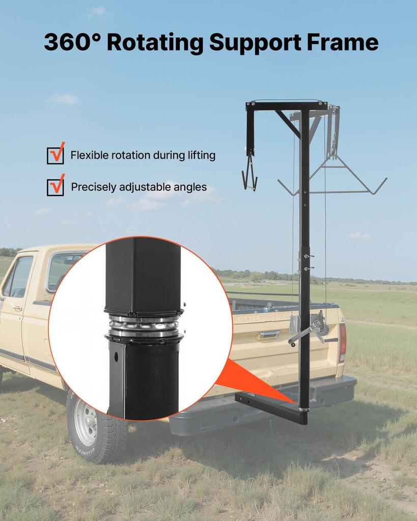 Treuil de Chasse pour Attelage de Camion, Capacité de Charge de 300 lbs, Treuil de Chasse pour Cerf avec Récepteur de 2 Pouces, Tige Pivotante à 360 Degrés et Hauteur Réglable, Inclut un Support pour Carcasse