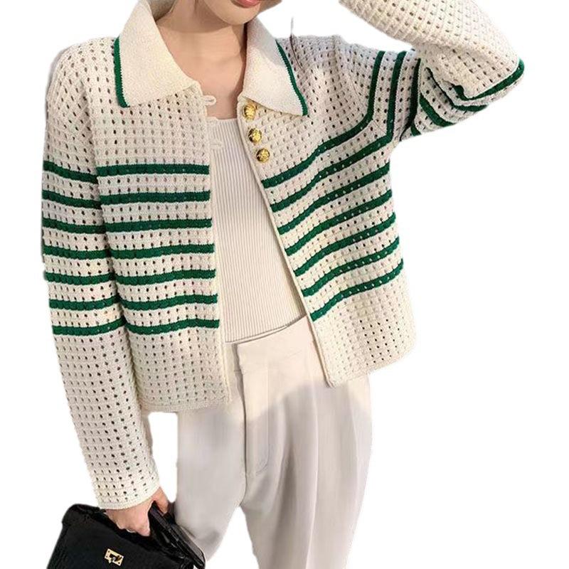 Hollow Striped Knitted Cardigan for Women In Autumn Winter Chic and Sweet Spicy Short Sweater Coat