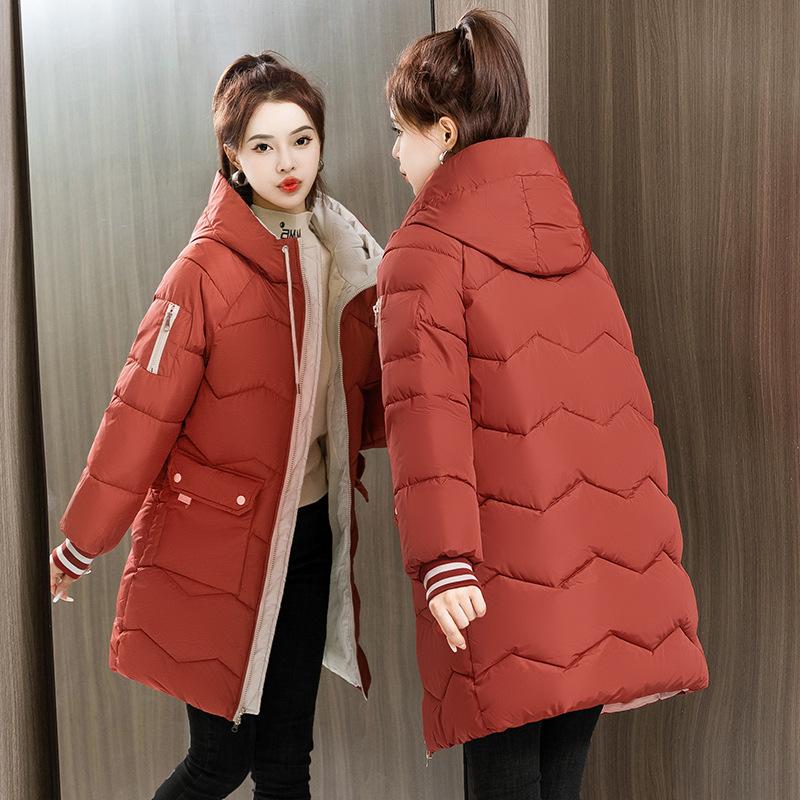 Hooded long women's padded jacket winter loose padded jacket large size thickened down cotton large pocket