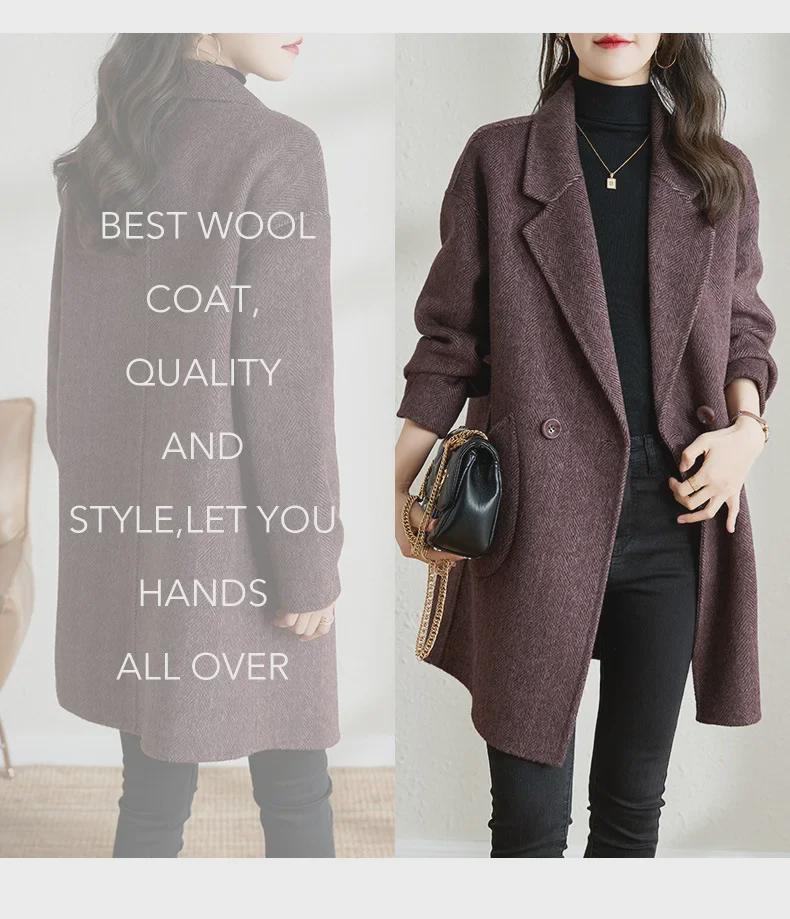 Palton de lână cu model herringbone pentru femei, cu guler de costum, stil coreean, mediu-lung, îngroșat, pentru toamna/iarna 2023.