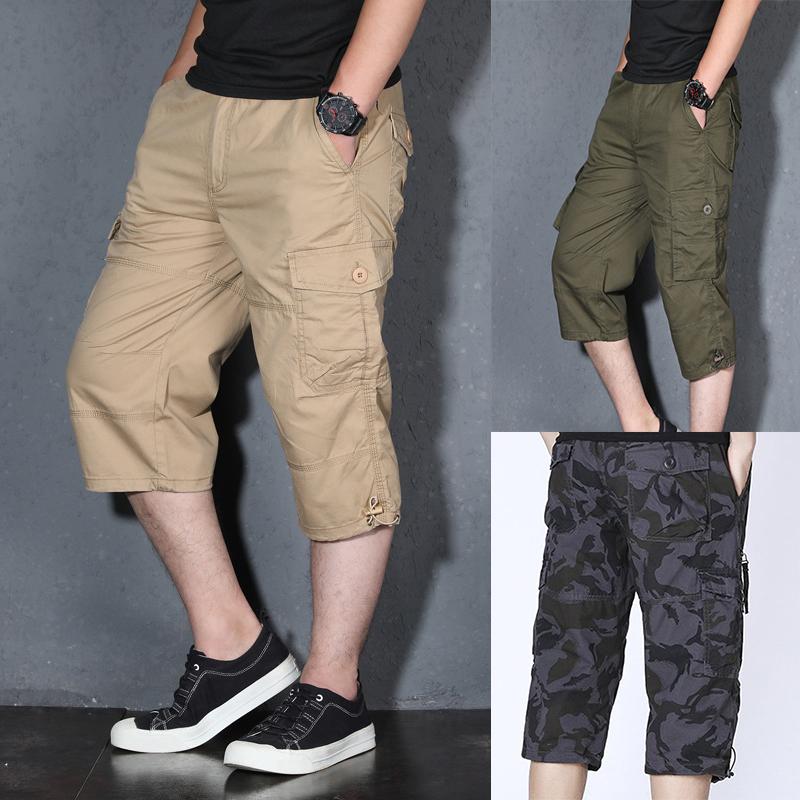 Ummer Pure Cotton Cargo Shorts Men Casual Multi Pocket Capri Pants Workwear Hot Breeches Stretch Waist Shorts Shorts