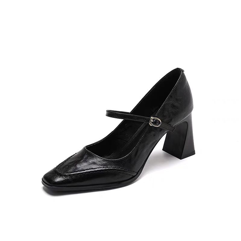 Mary Janes med tykk hæl 2025 nye retro sko med lav utringning og enkeltsko for kvinner, franske høye hæler, en stropp med liten firkantet tupp, motesko