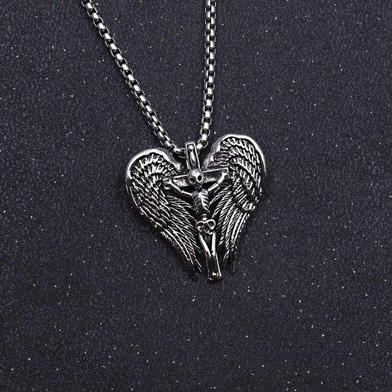 Titanium Angel Wings Skull Pendant Vintage Stainless Steel Cross Necklace Accessories For Men And Women