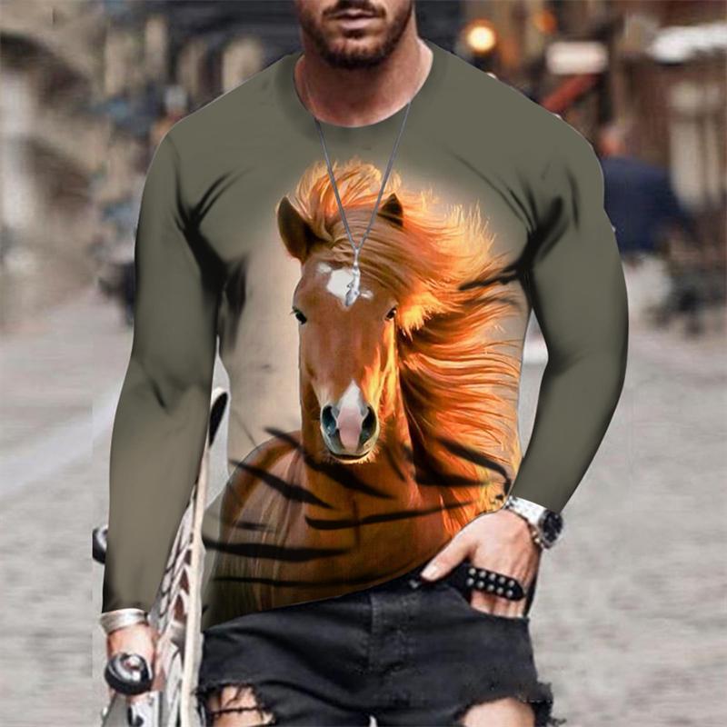 Rundhals 3D Pferde-Print T-Shirts Lässige Langarm Herren T-Shirts - Weicher Mittlerer Stretch Polyesterstoff Frühling und Herbst Relaxed Fit Kleidung