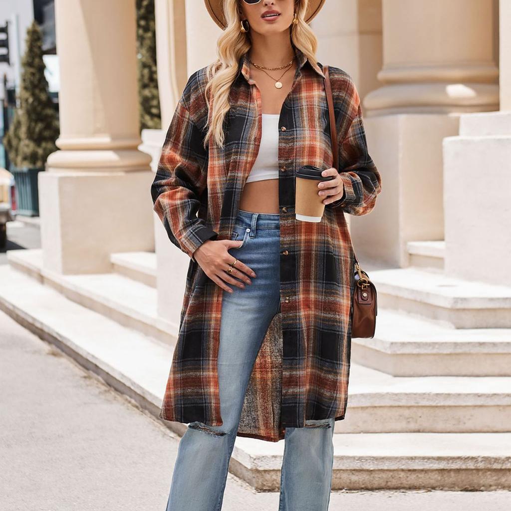 Women Casual Coat Long Sleeve Shacket Turndown Collar Mid Long Plaid Shirt Jacket for Autumn and
