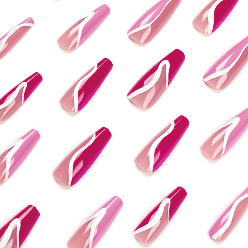 Ballet Rosa Rote Nagelspitzen mit Weißen Linienstickern - Lange, Tragbare Nagelkunst