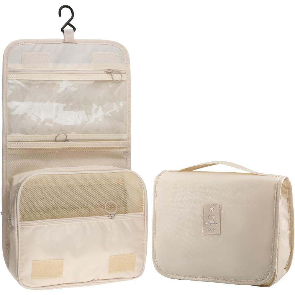 Foldable Hanging Travel Toiletry Bag,Waterproof Portable Travel Bags, Multifunction Travel Makeup Cosmetic Bag Organizer with Hanging Hook (Beige)