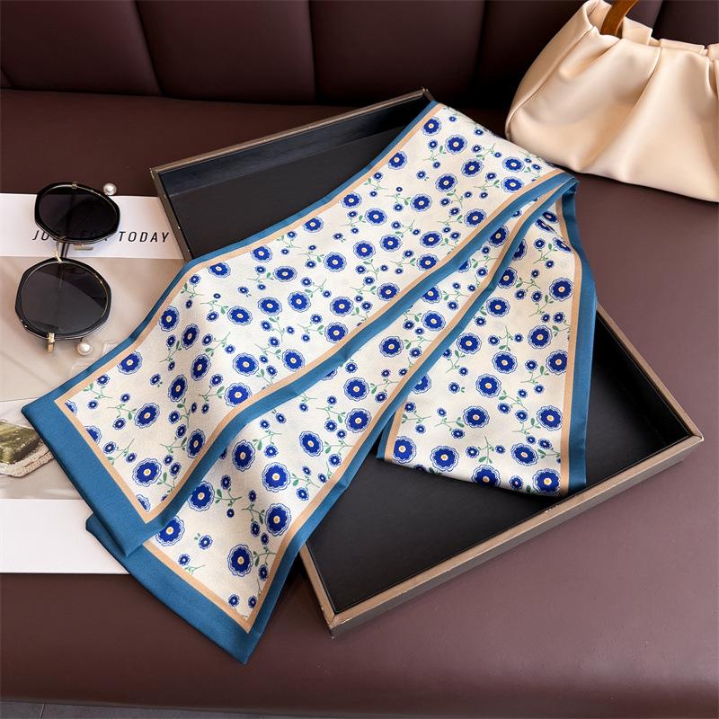 New High-end Silk Scarf, Small Long Light Luxury Streamer, Tied Bag Decoration, Double-layer Scarf, Headband Printing, Narrow Scarf.