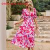 Floral Print V Neck Dress With Short Lantern Sleeves For Casual Female Wear