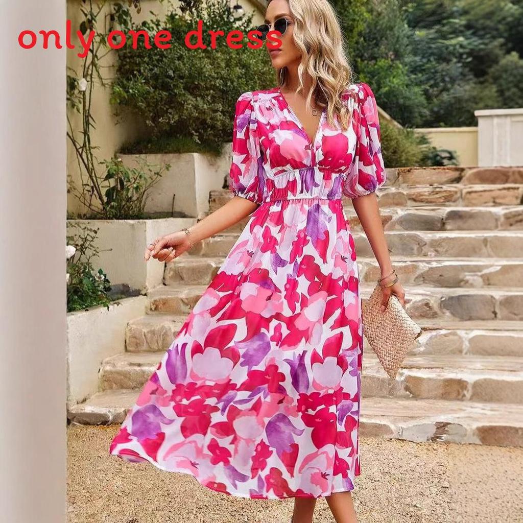 Floral Print V Neck Dress With Short Lantern Sleeves For Casual Female Wear