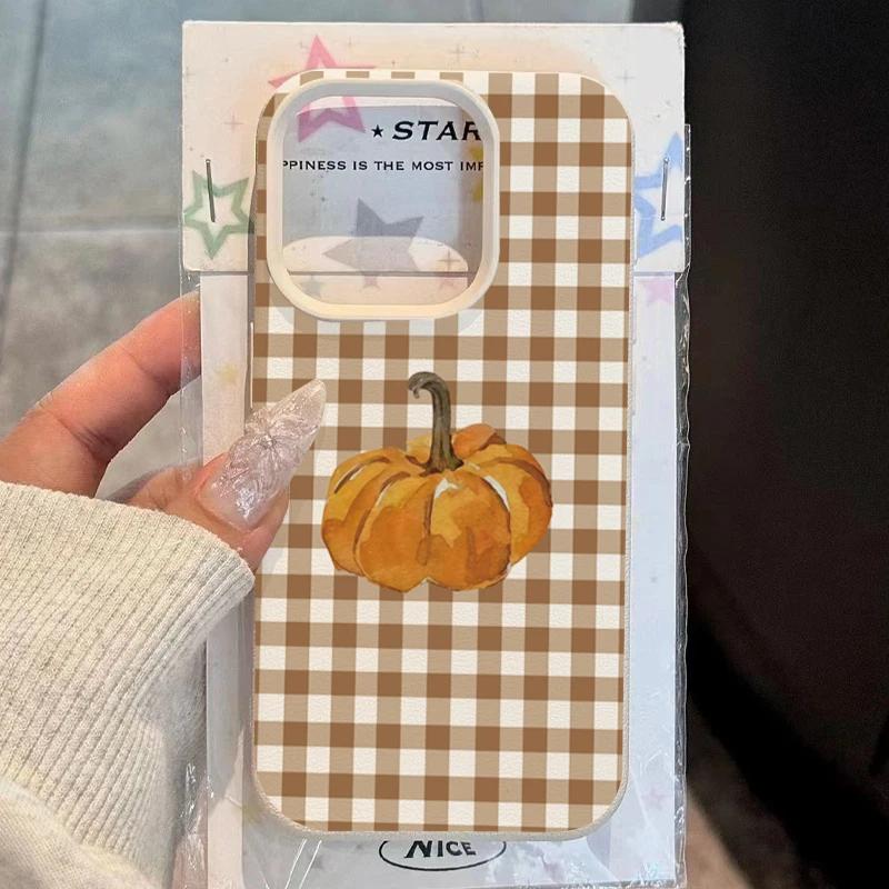 Checkered Pumpkin Personalized Mobile Phone Case For iPhone 16 Pro Max 15 Plus 14 13 12 11 17 Air XS XR X Faux Leather Cover