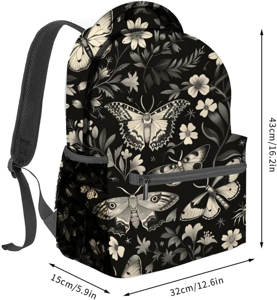 Vintage Moth Backpack,Black White Gothic Floral Retro Polyester Backpacks,Lightweight Double Shoulder Back Pack For Women,Goth