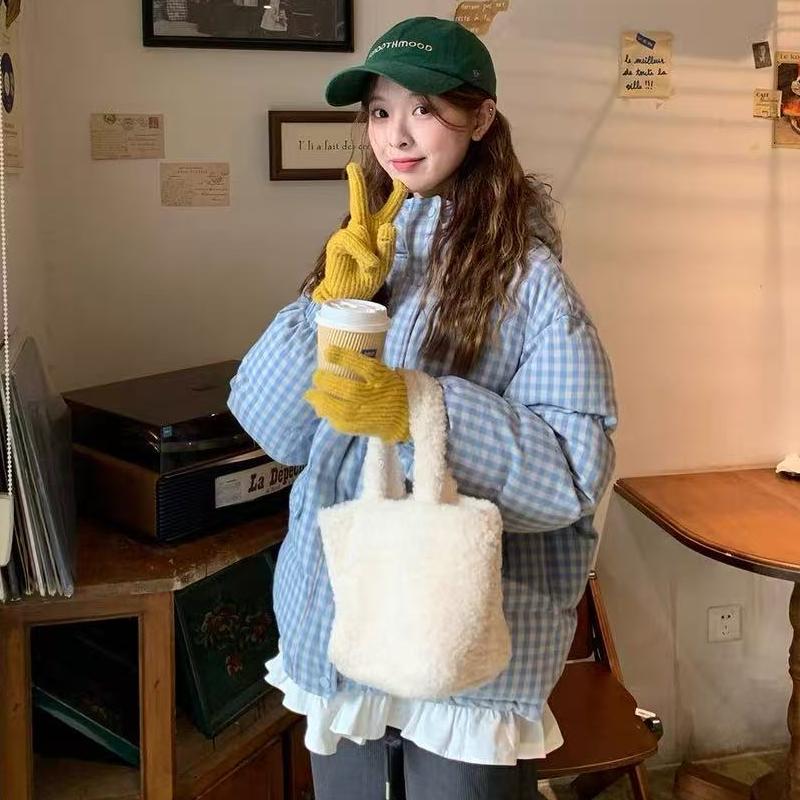 

Sweet blue plaid bread jacket women s short new down jacket hooded cotton jacket cotton jacket women XL