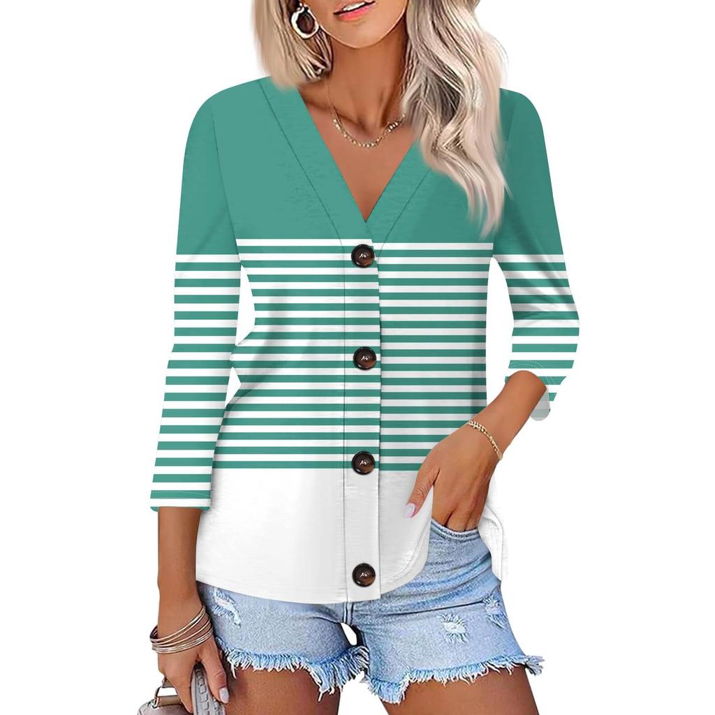 Women's Fashion Casual Printing Button-down Shirt 3/4 Long Sleeve Tops