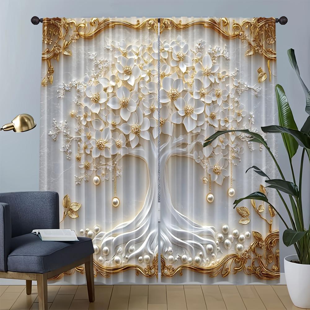 2pcs Elegant Floral Curtains with Gold Accents  Light-Filtering Rod Pocket Design  Ideal for Living Room Bedroom Kitchen and Study