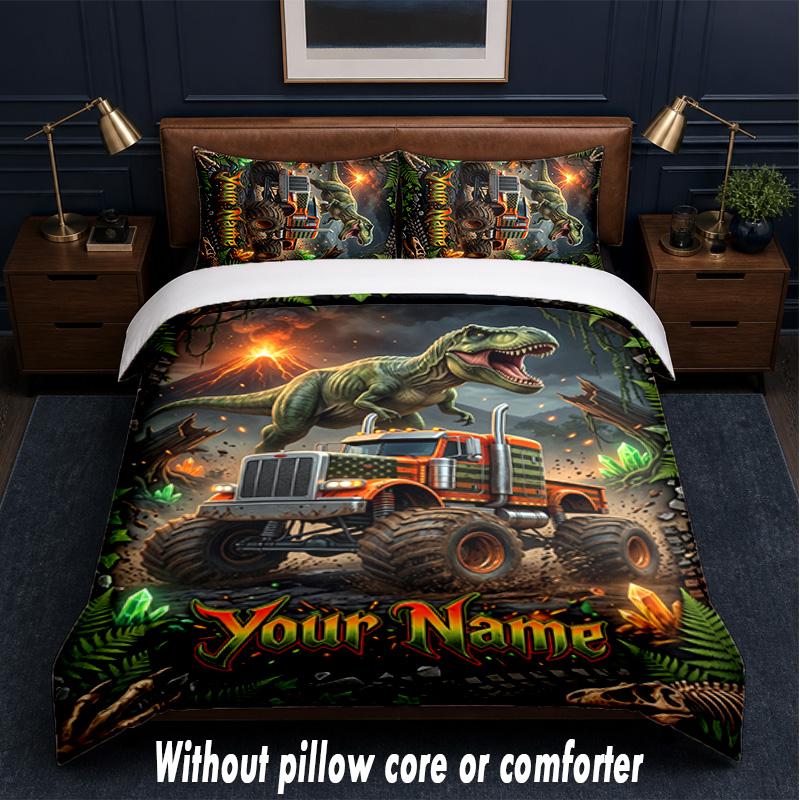 Monster Truck Theme Custom Text Or Name 3Pcs Bedding Set,1 Flat Sheet & 2 Pillowcases Personalized Home Bedding