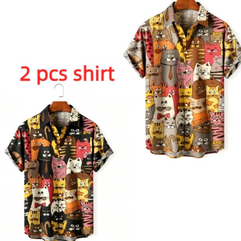 Summer Fashion Anime Cartoon Animal Cat Printing Shirt Hawaiian Beach Vacation Clothing Men's Street Style Shirt Daily Men's and Women's Shirt