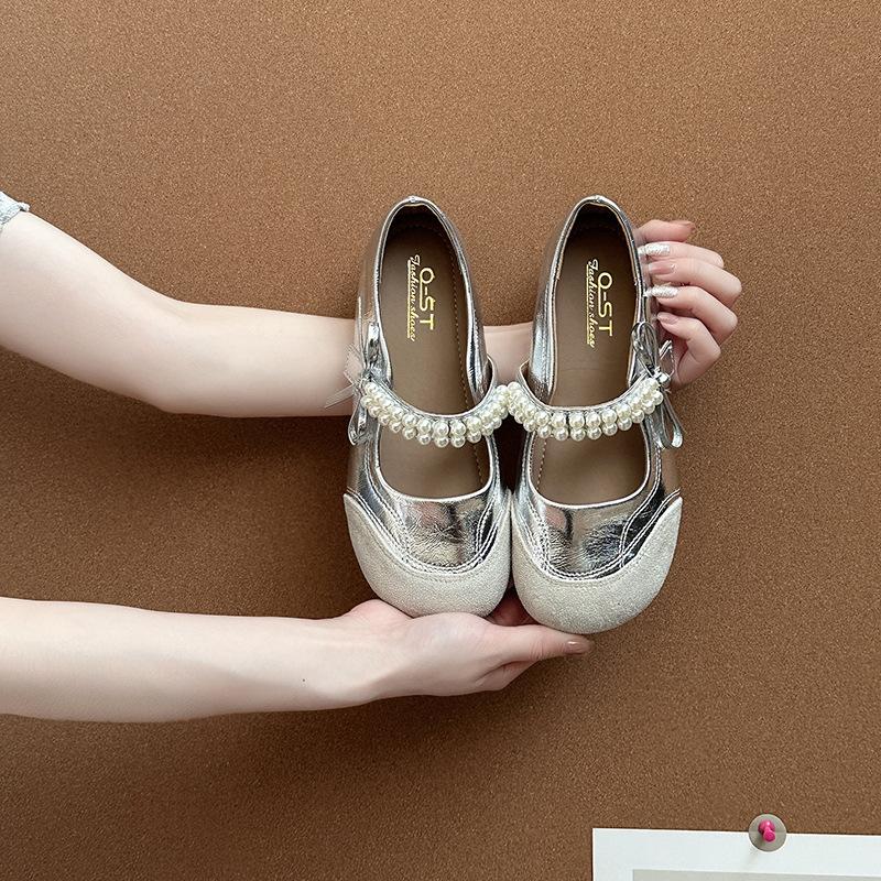 French temperament beautiful pearl one-word belt single shoes women's 2025 spring and summer new ballet shoes flat Mary Jane shoes