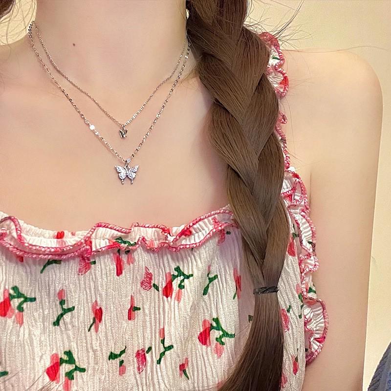 Double-Layer Rose Zircon Sweater Necklace - Women's Versatile Clavicle Chain, Light Luxury, High-End, Niche Accessory