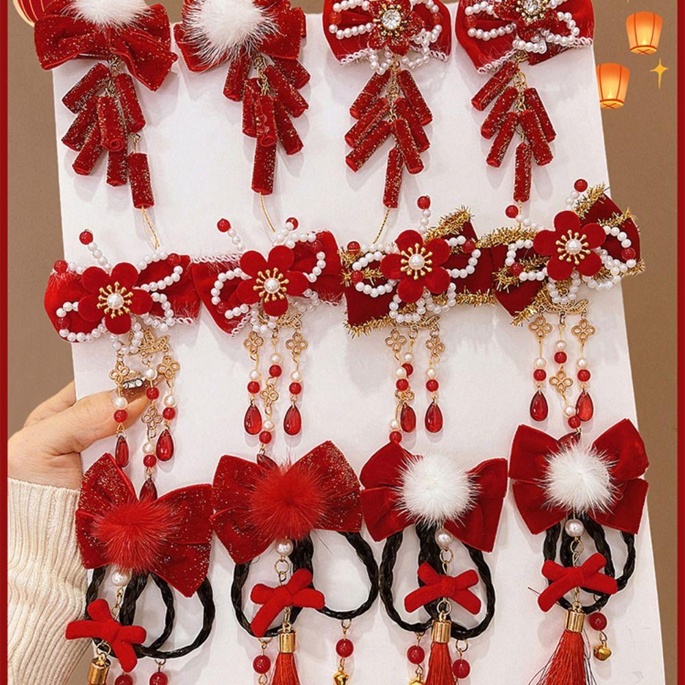 Tassels Chinese New Year Headwear Red Ancient Style Hairpin Lovely Hanfu Hair Sticks  Children