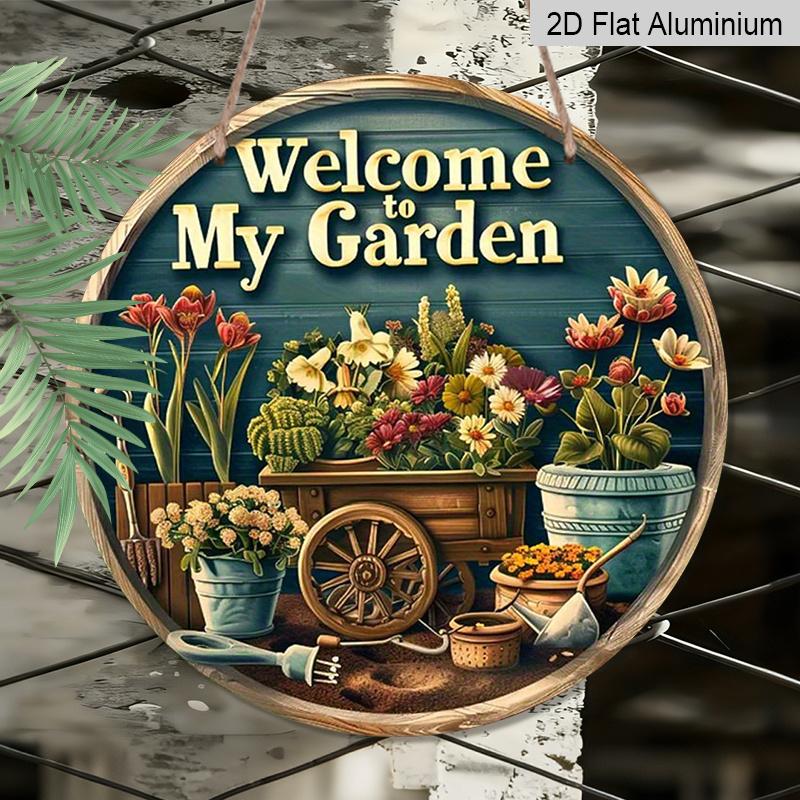 2D Flat, 1pc Vintage Aluminum Welcome To My Garden Sign - Weatherproof Floral Mural Wall Art with Hanging Rope, Rustic Indoor/Outdoor Decor for Home