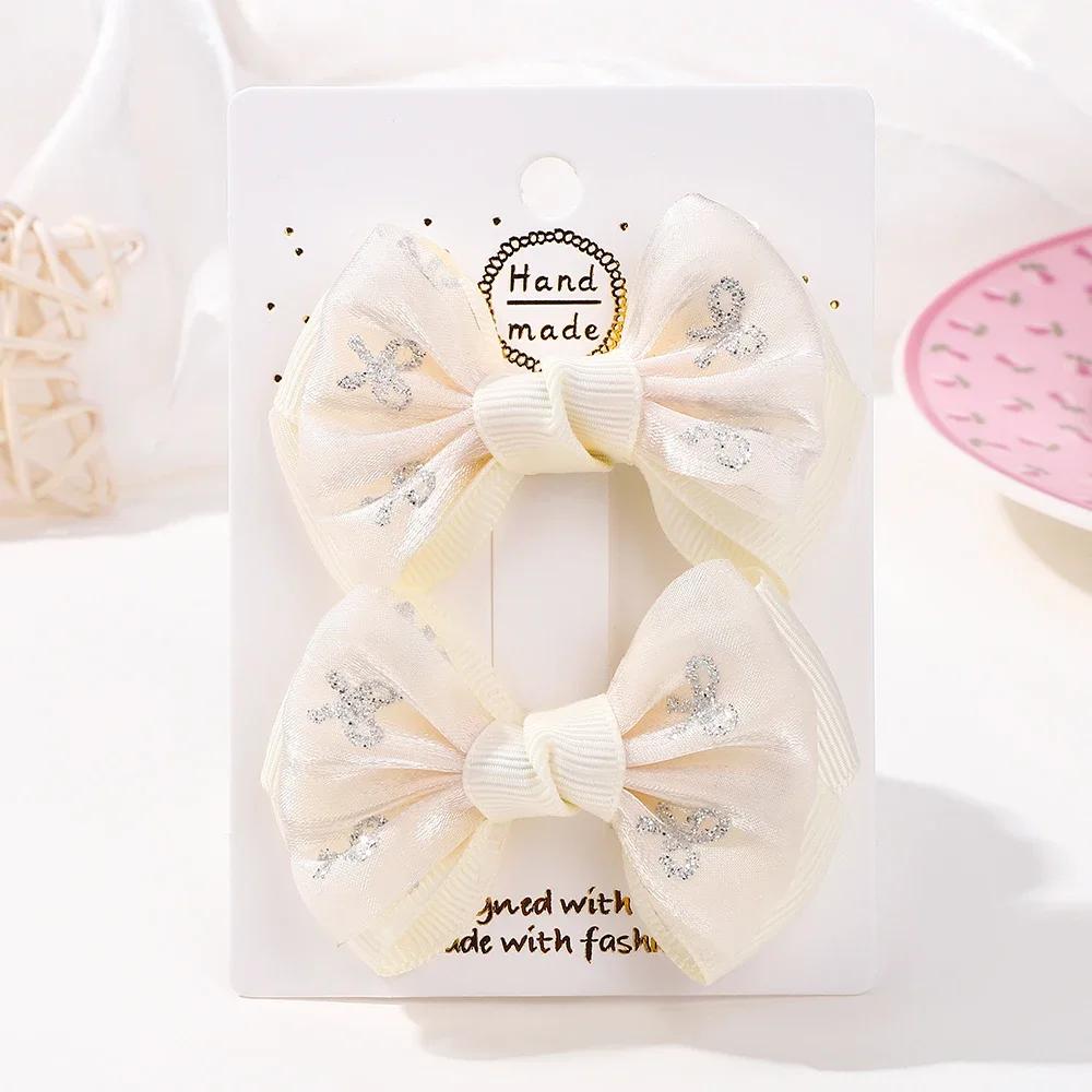 2PCS /Set Embroidery Bowknot Hair Clips 2.7inch Cheer Bows Handmade Hairgripes for Kids Girls Headdress Hair Accessories