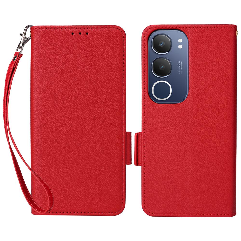 

For vivo Y19s 4G/Y29 5G Case with Wrist Strap Litchi Texture PU Leather Wallet Phone Cover Red