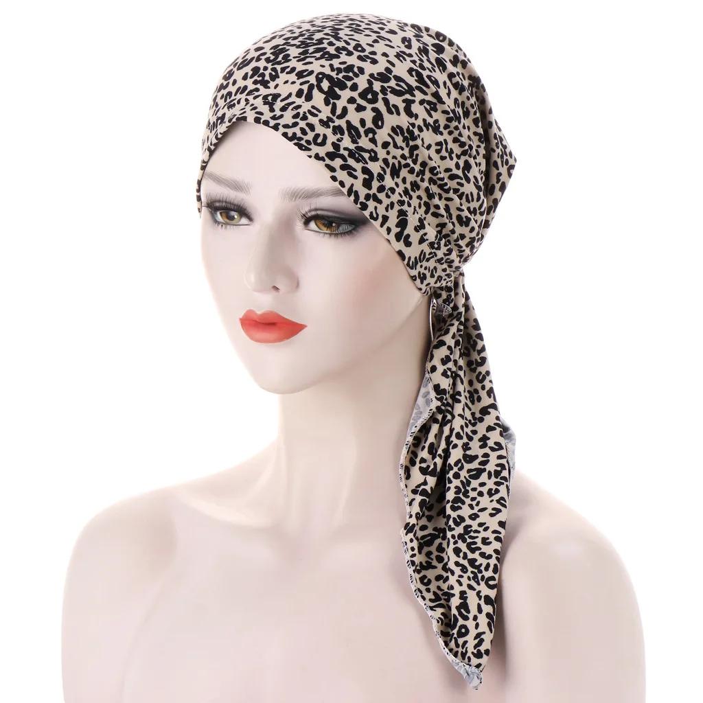 Women Printed Turban Cap Muslim Hijab Inner Caps Beanies Bonnet Long Tail Headscarf Strech Bandana Hat