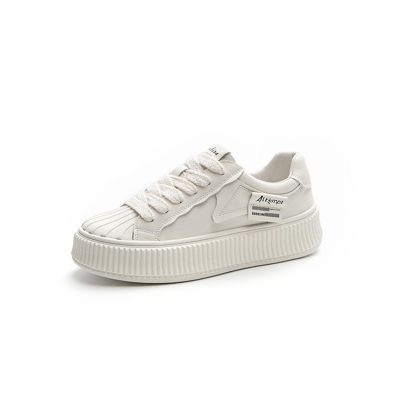 Spring new little white shoes women's leather thick-soled heightening fashion shell head board shoes lace-up casual sports shoes