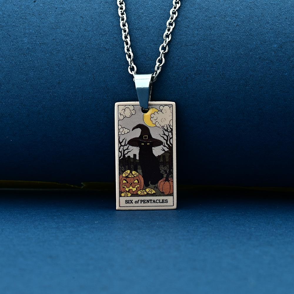 Stainless Steel Cat Tarot Card Necklace for Men Women Animal Divination Jewelry Accessory