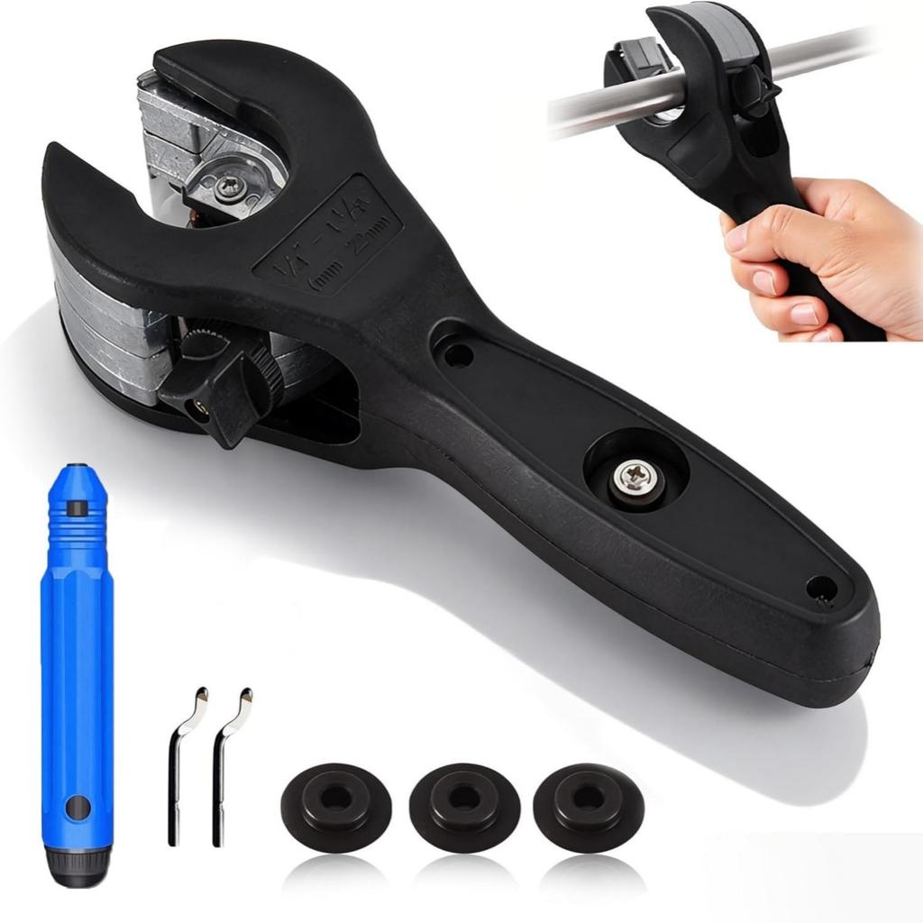 Ratcheting Tubing Cutter Copper Pipe Cutter with 3 Blades and Deburring Tool Set for Copper Aluminum Corrugated Pipes PVC PP