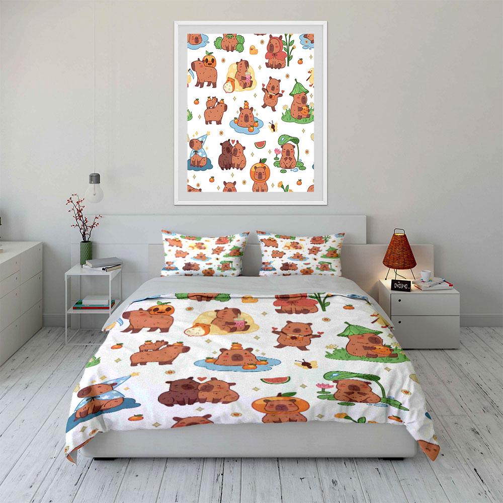 Capybara Cartoon Pattern Set Bedding Duvet Cover Set (1*Duvet Cover 2*Pillowcases, Without Duvet Insert)