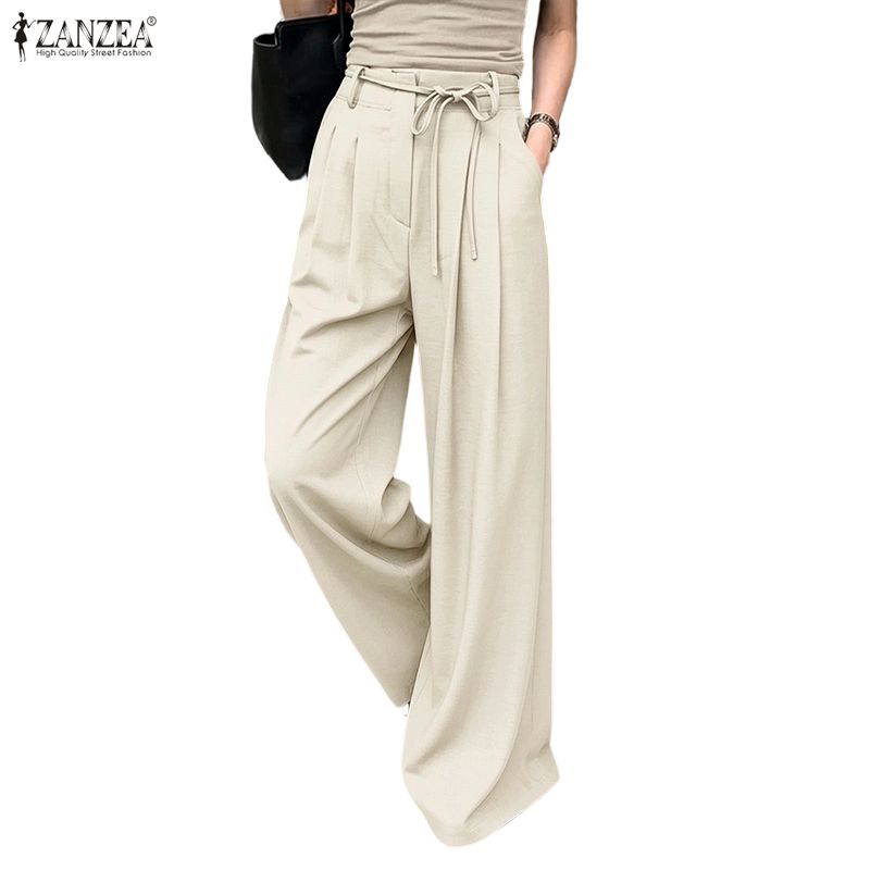 ZANZEA Womens Casual Solid Color Loose Commute Wide Leg Pants