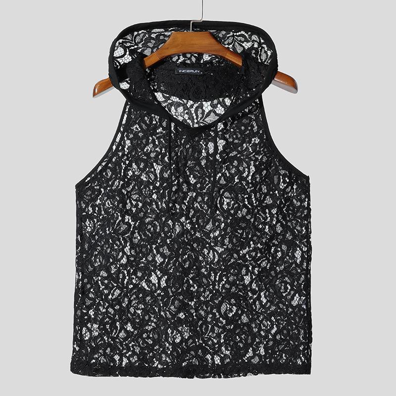 

INCERUN Летние мужские топы без рукавов с кружевной сеткой и прозрачным капюшоном 3XL чёрный