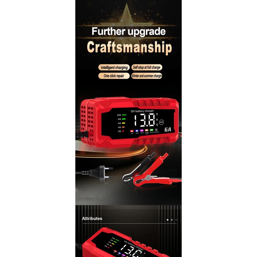 Kolorowy ekran Ładowarka akumulatora samochodowego 6A 12V Urządzenie do ładowania akumulatorów samochodowych i motocyklowych Inteligentna naprawa akumulatora kwasowo-ołowiowego