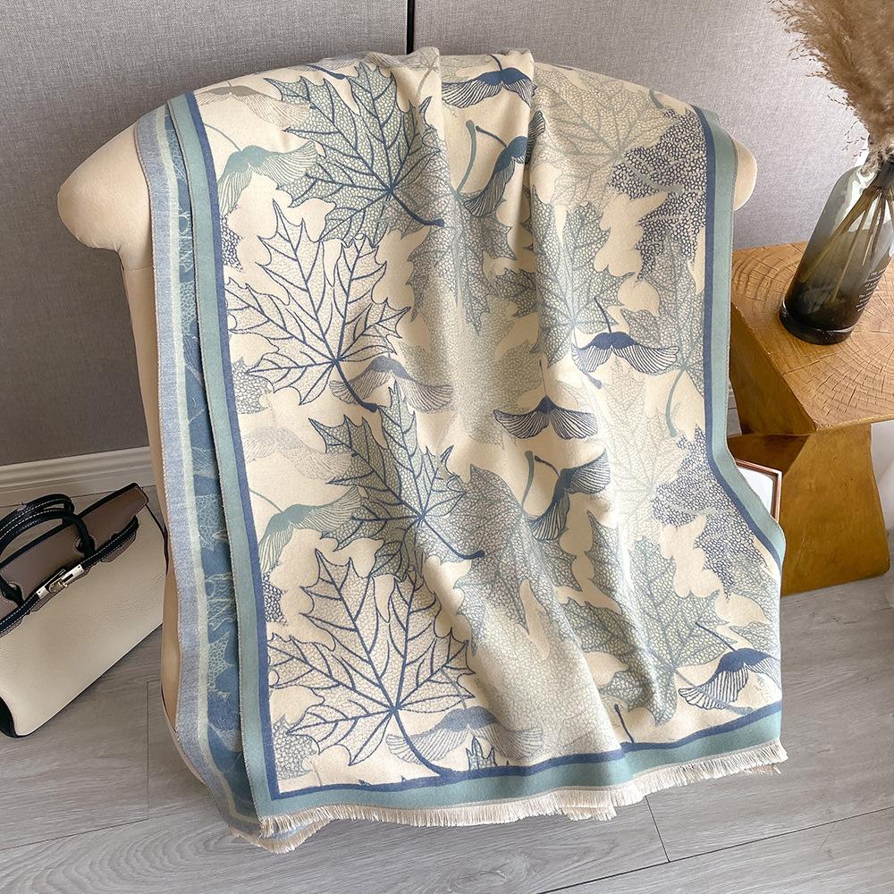 Winter Literary Imitation Cashmere Scarf Women'S Elegant Maple Leaf Printing Scarf Thickened Warm And Windproof Versatile Shawl