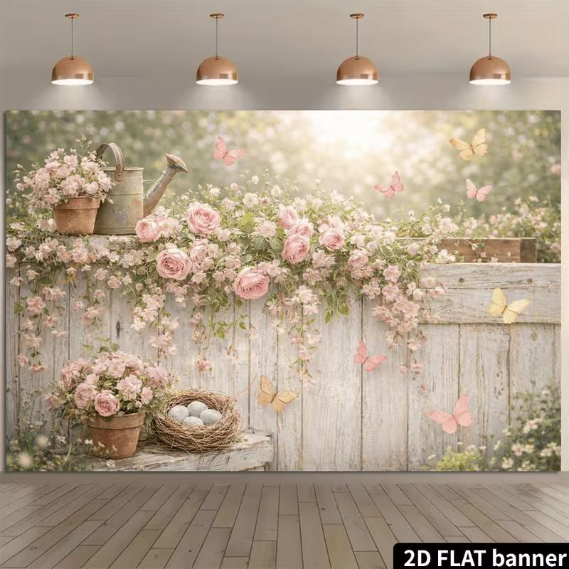 2D Pink Rose Vintage Wood Fence Butterfly Photography Backdrop Floral Background Banner