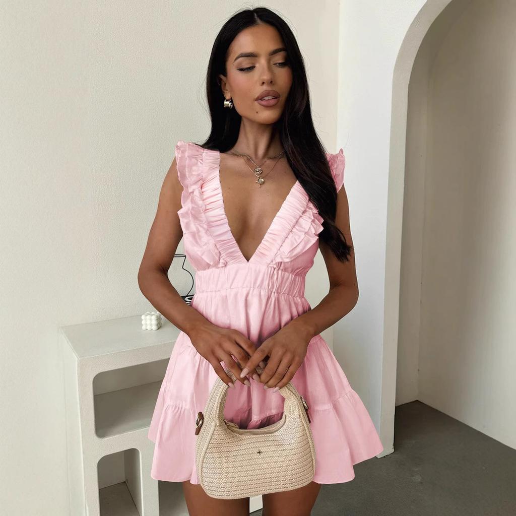 Women's Summer Sexy Deep V-Neck Ruffle Trim Mini Dress Sleeveless High Waist Tiered Slim Fit Party Vacation Dress