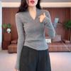 Women's Slim-Fit Fishbone Pattern V-Neck Sweater - Soft & Elegant Knit Base Layer for Spring & Autumn.