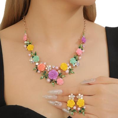 1 Set Multicolor Flowers Crystal Jewelry Set Enamel Pearl Necklace Earrings Set Exquisite Luxury Bridal Jewelry Set Banquet