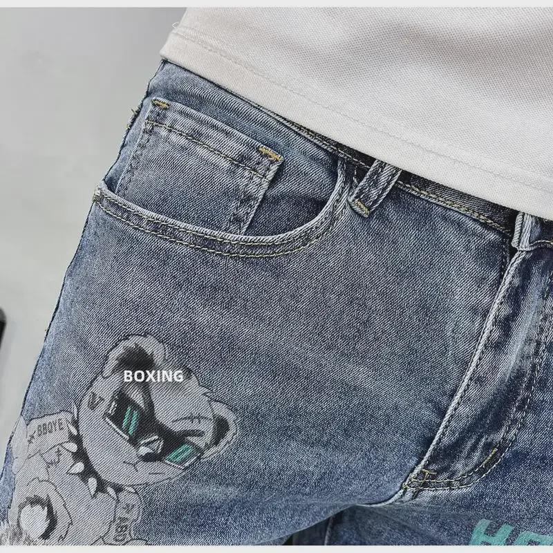 Jeans Azules Estampados Slim Fit para Hombre - Tendencia Verano 2023, Estilo Coreano