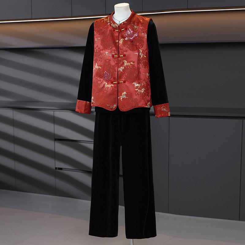Spring Three-Piece Chinese-Style Outfit: Vest, Long-Sleeve Top, and Wide-Leg Pants for Middle-Aged and Elderly Women